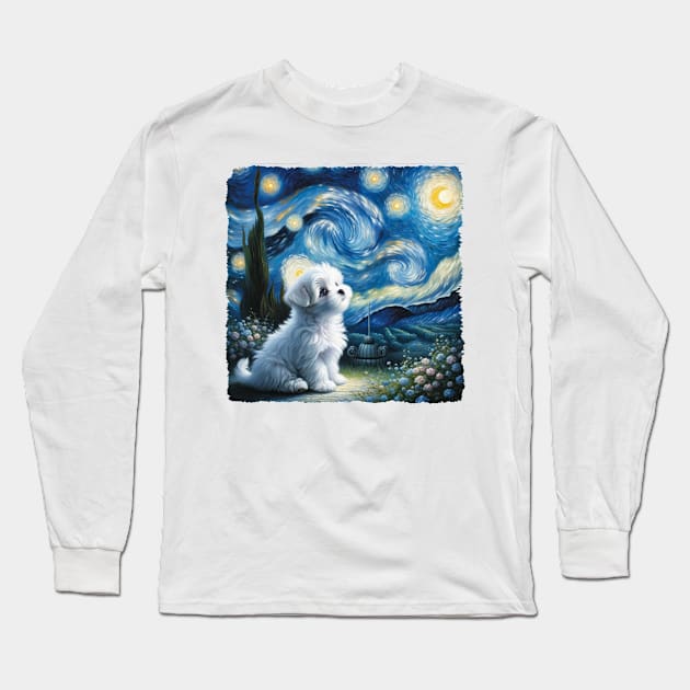 Starry Maltese Dog Portrait - Pet Portrait Long Sleeve T-Shirt by starry_night